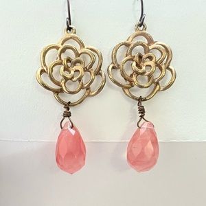 Flower Dangle Earrings with Rose & Pink Stone